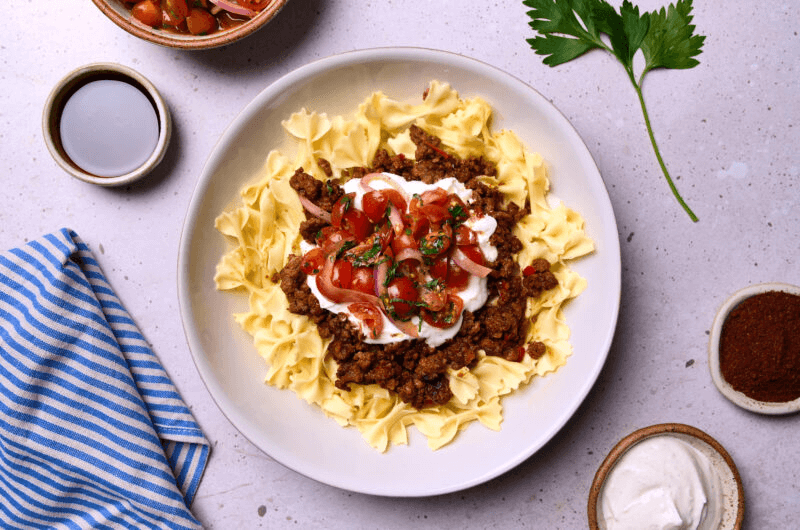 Turkish Pasta with Spiced Meat & Garlic Yogurt