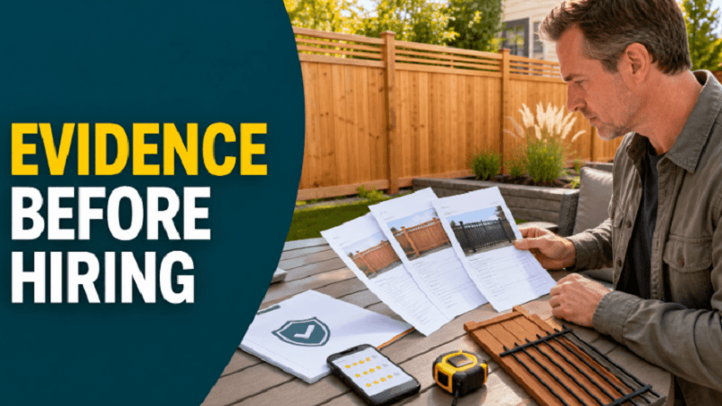 Homeowner reviews fence proposals, a warranty folder and material samples in a cedar-fenced yard under the title Evidence Before Hiring.